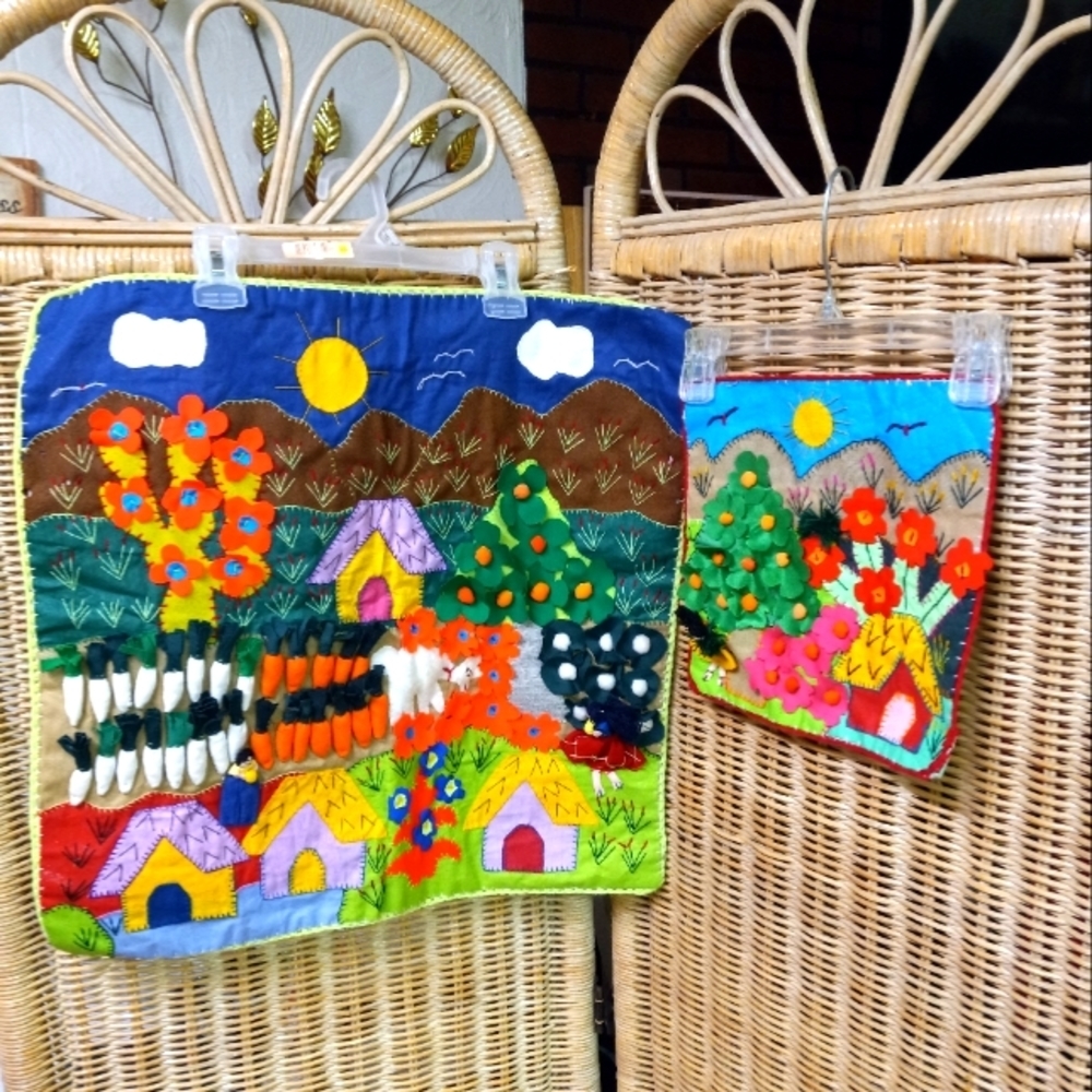 Handcrafted Cloth 3D Embroiderd Colorful  Farming Harvesting Wall Decor 18 & 12"